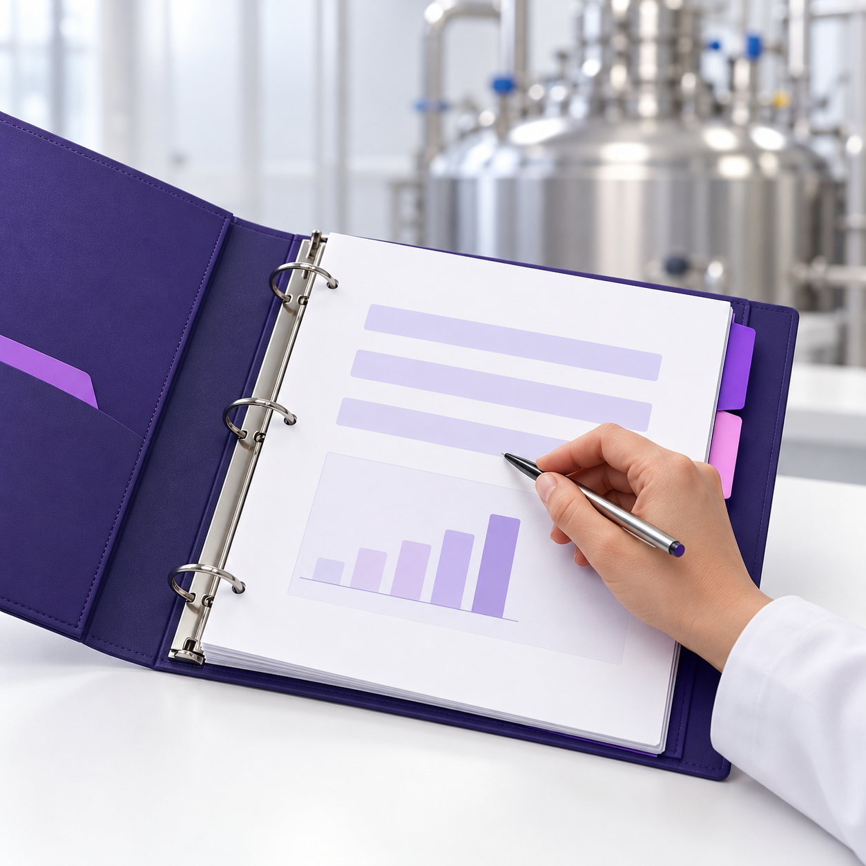 Purple quality binder with organized records in a biopharmaceutical facility